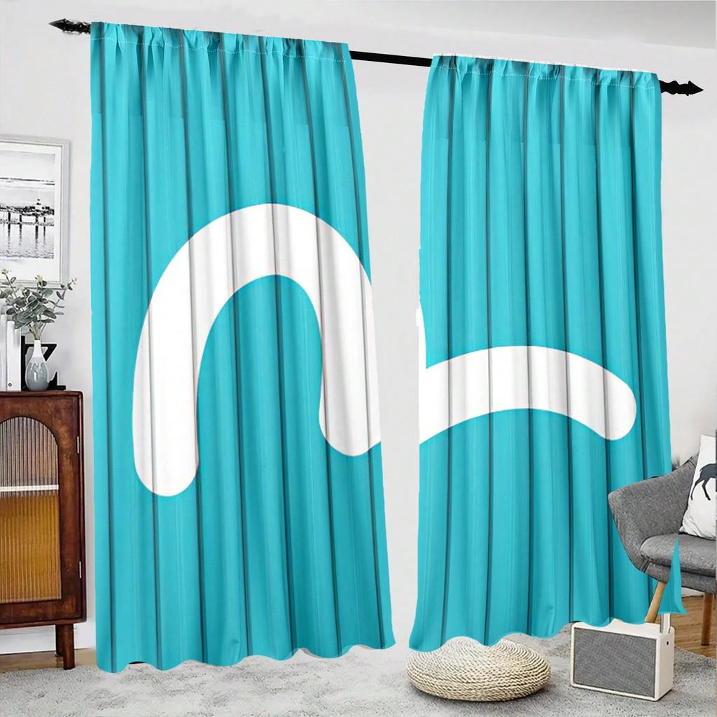 2pcs Blue Container Graffiti Pattern Semi-Sheer Curtains   Polyester Rod Pocket Curtains   Machine Washable   Fade Resistant