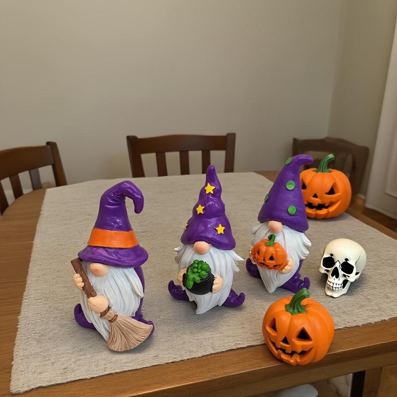 3pcs Halloween Gnome Statue Decorations Magic Broom Hat Pumpkin Gnomes Old Man Wizard Witch For Home Desktop Resin Decor