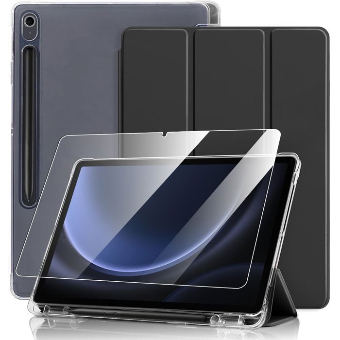 Case + Tempered Glass - BOOLING - Samsung Galaxy Tab S10 FE/S9 FE - Reinforced Silicone - Black - Stylus Holder
