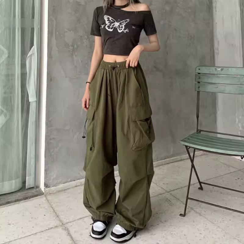 Women Casual Baggy Cargo Pants Solid Low Waist Joggers Tech Pants Drawstring Wide Leg Baggy Trousers Y2K Streetwear Sweatpants