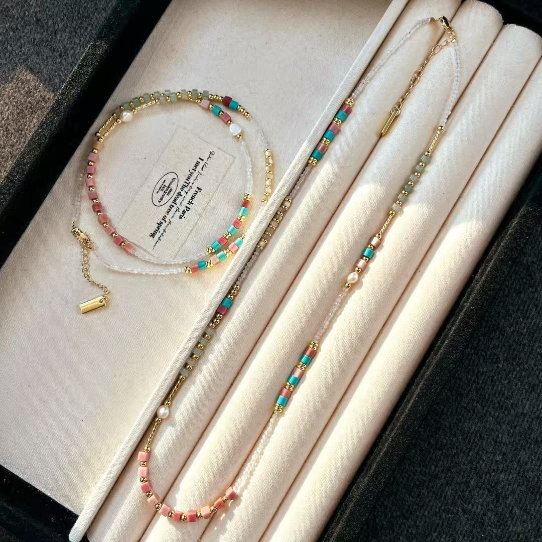 Retro High Quality Natural Moonstone Mahogany Pattern Dongling Jade Design Sense Sweater Chain Necklace Collarbone Chain