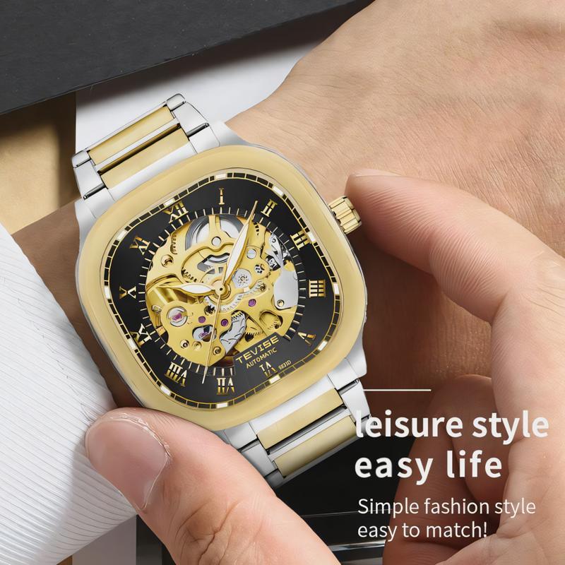 TEVISE Luminous Square Hollow Dial Men's Stainless Steel Waterproof Automatic Mechanical Watch Fashion Business Skeleton Watches