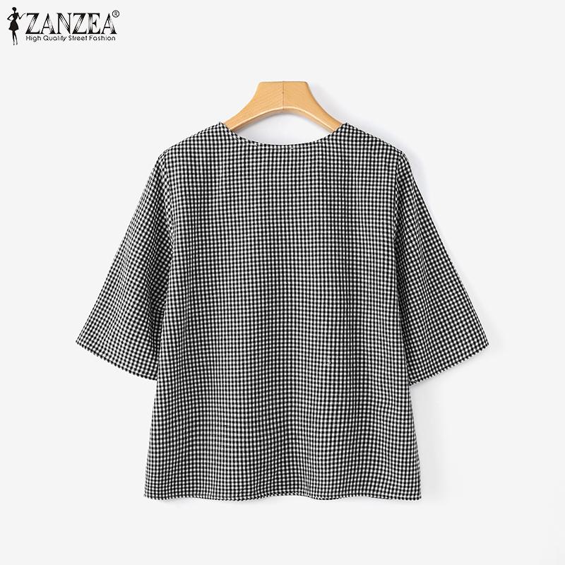 ZANZEA Women Casual Round Neck Plaid Print Loose Half Sleeve Blouse