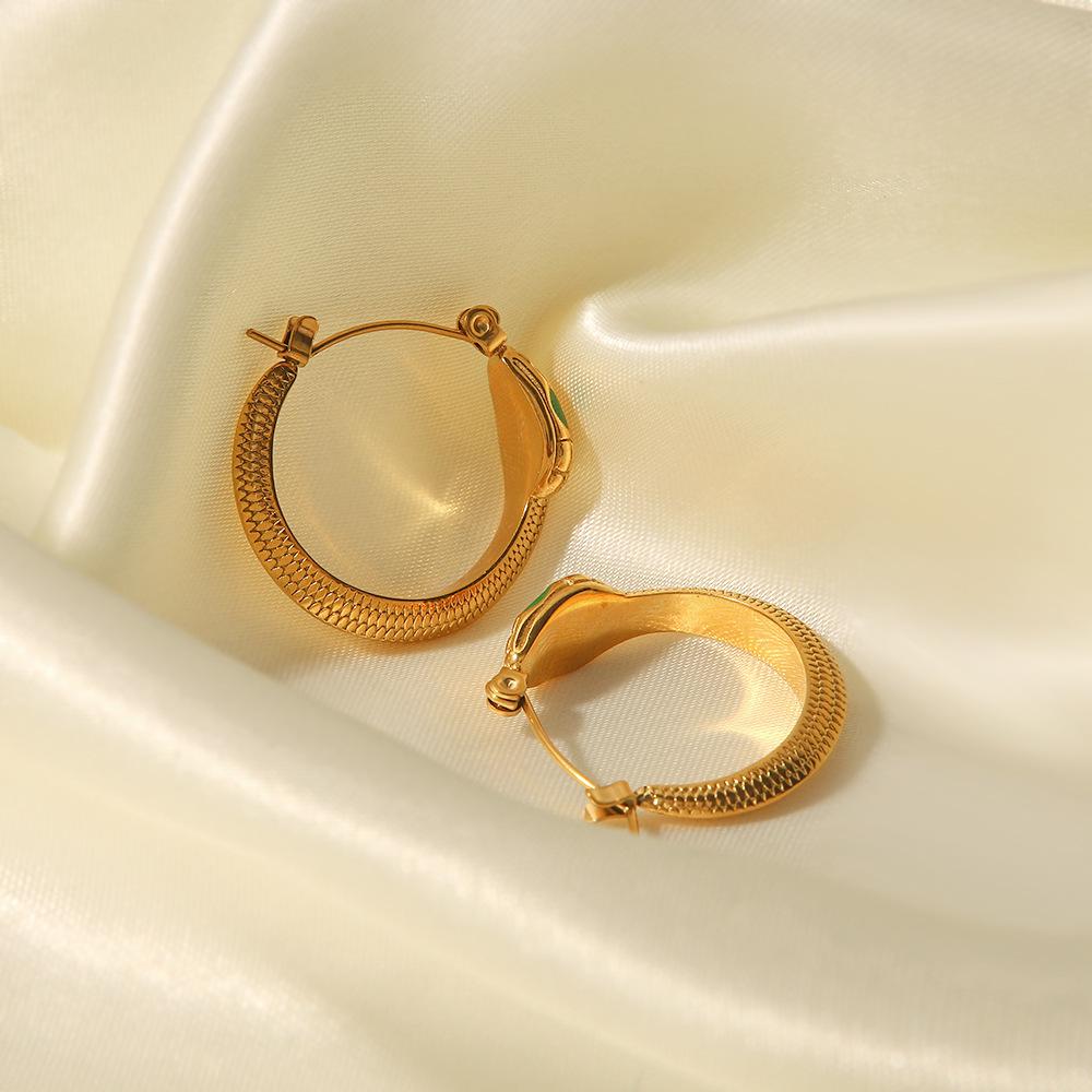 Stainless Steel Snake Earrings with Green Eyes - Fashionable, Non-Fading Design for Women