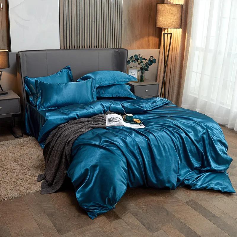 Satin Flat Bed Sheet Smooth Luxury Satin Silk Bedding Set with Duvet Cover Bed Sheet 1 Duvet Cover+1 Bed Sheet+2 Pillowcases
