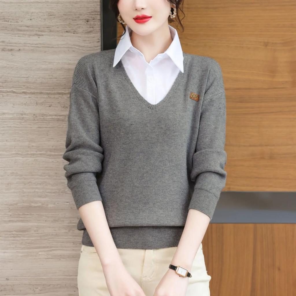 WTEMPO Umlegekragen Strickpullover Damen Einfarbig Langarm Pullover Slim Lässig Streetwear