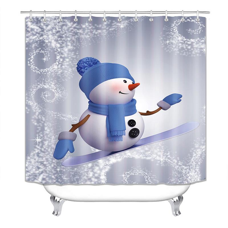 Cute Snowman Christmas Shower Curtain Set Silver Pine Branches Snowflake Xmas Balls Bathroom Decor Rug Bath Mat Toilet Lid Cover