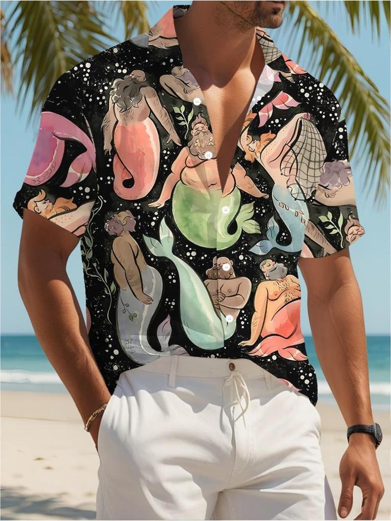 Herren Casual Kurzarmhemd, Cartoon-Meerjungfrauenmuster bedruckt, Polyester-Material, Mehrfarbig, Mehrere Spezifikationen erhältlich, Modisch