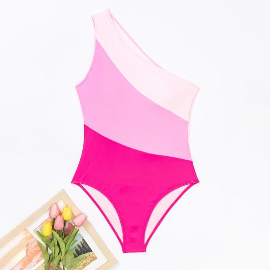 Women Monokini Color-Blocked One-Shoulder Design Hollowed-Out Back One-Piece Bikini Quick Drying Beachwear Swimwear