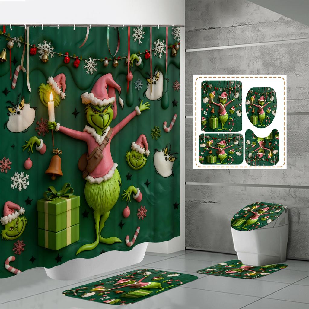 4PCS Shower Curtain Sets With Shower Curtain And Rugs Toilet Lid Rug U Shape Mat And Bath Mat Bathroom Set With 12 Hooks