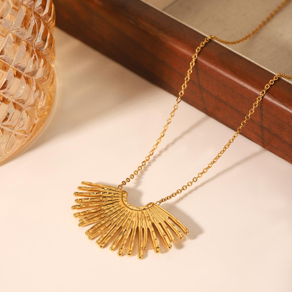 Fan Shaped Diamond Pendant Necklace For Women Titanium Steel Chain With Radiating Lines Design