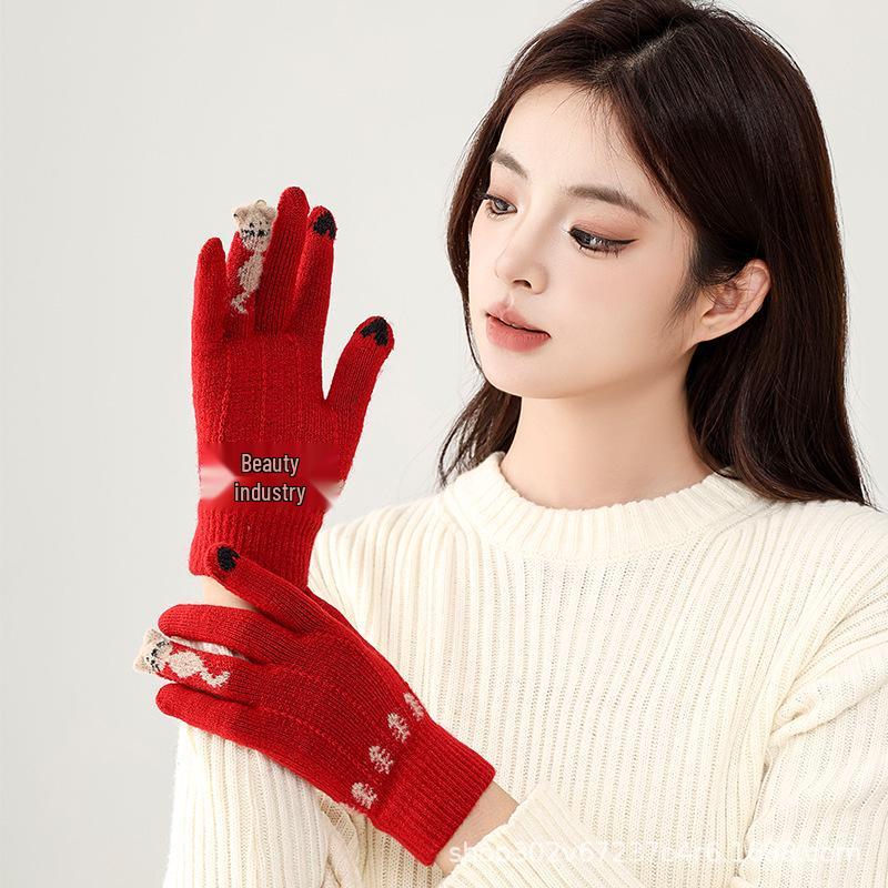 

Женские зимние шерстяные перчатки с сенсорным экраном в корейском стиле - Толстые, теплые, холодостойкие, вязаные с ворсистой отделкой, большие красные для Рождества One Size