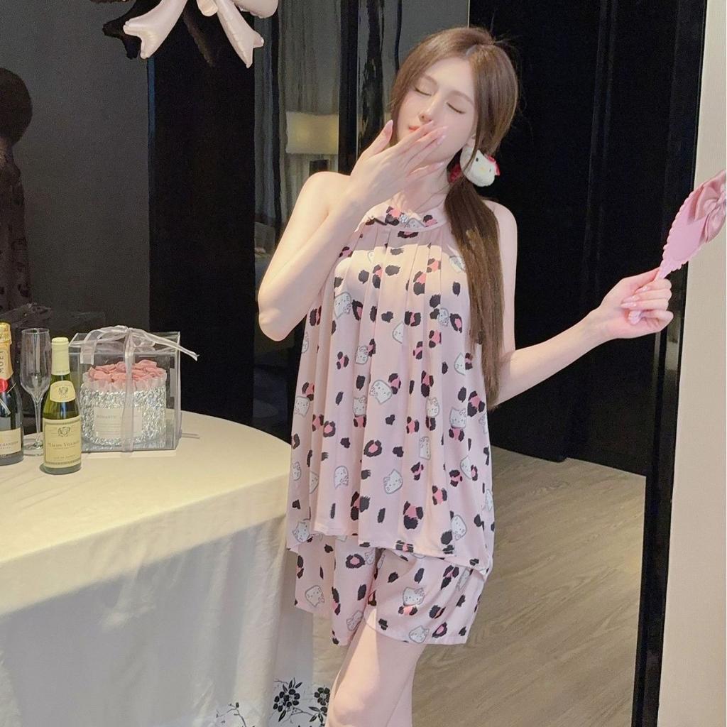Popular summer new neck sleeveless loungewear cartoon butterfly can wear ice silk pajamas women