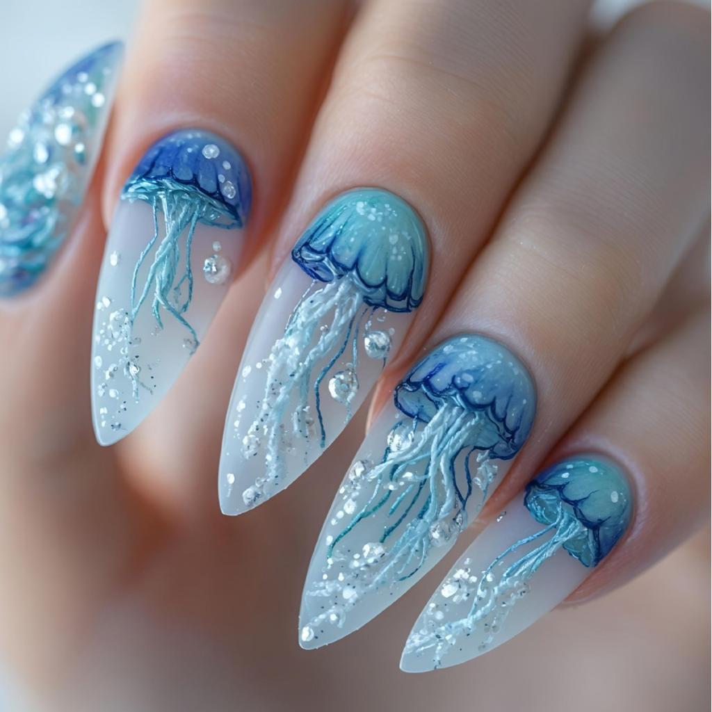 24Pcs Summer Ocean Press On Nails Short Almond Colorful Hand Painted Starfish Flower Design False Nails