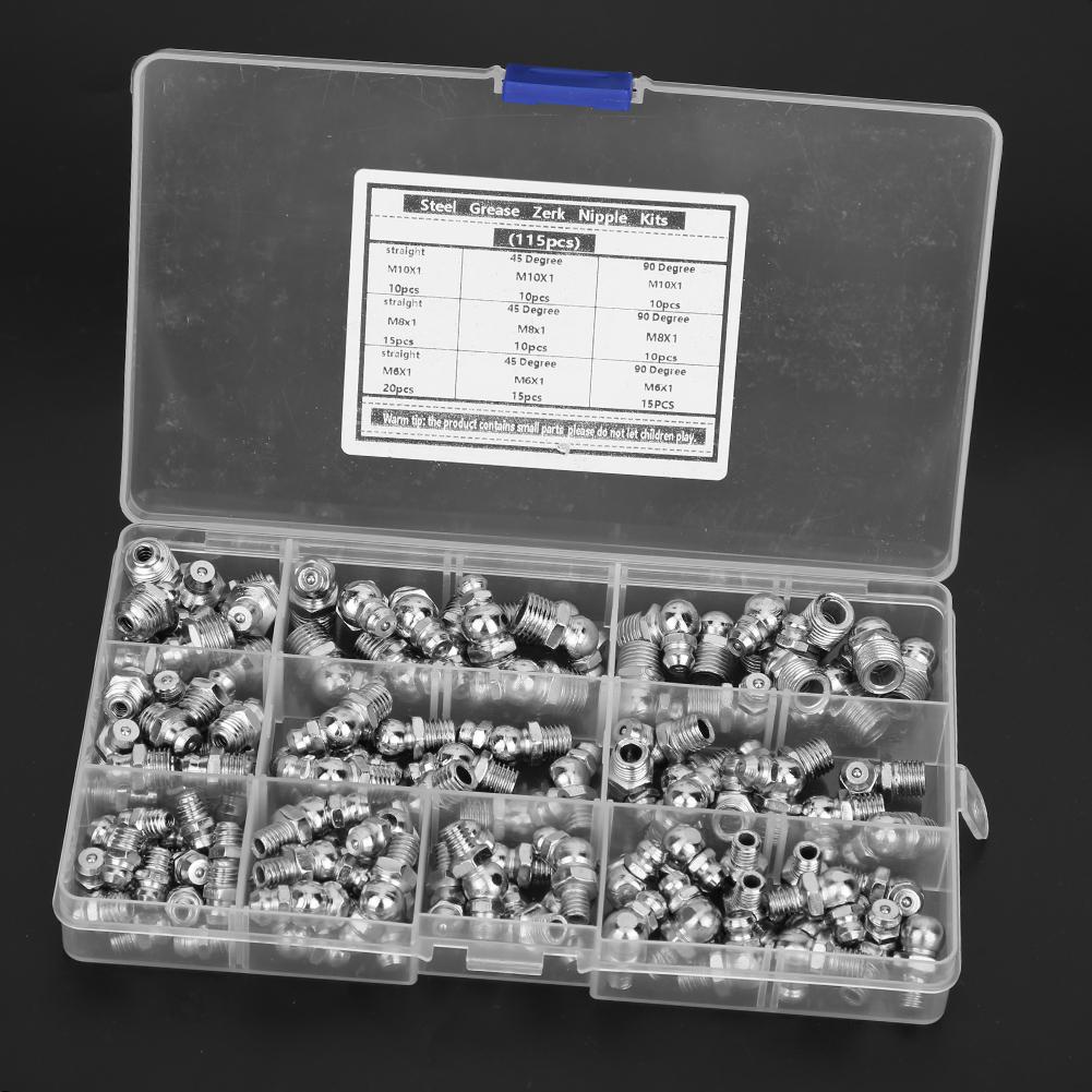 115Pcs Steel Grease Zerk Nipple Fitting AntiCorrosion AntiRust M6 X 1 M8 X 1 M10 X 1