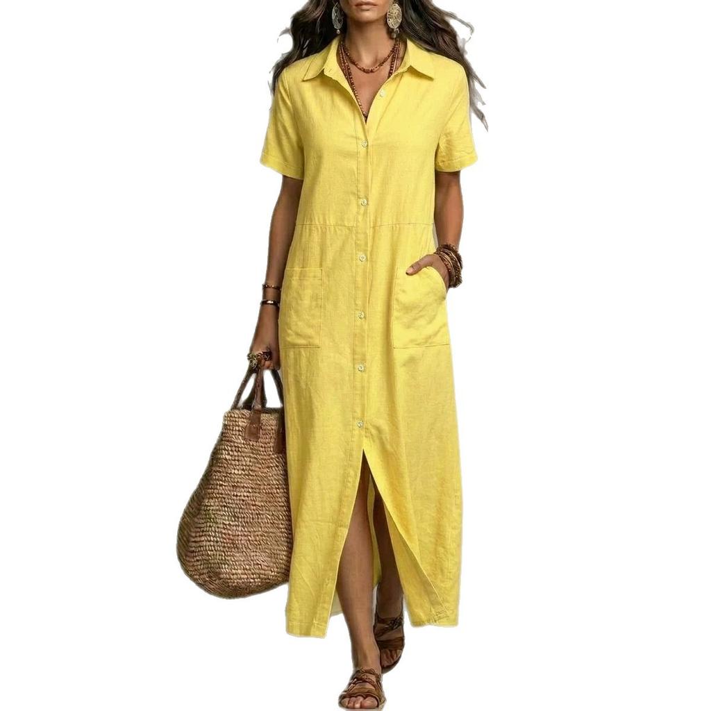 Vestido Camisa Largo Casual de Manga Corta con Cuello Solapa, Botones y Bolsillo para Mujer