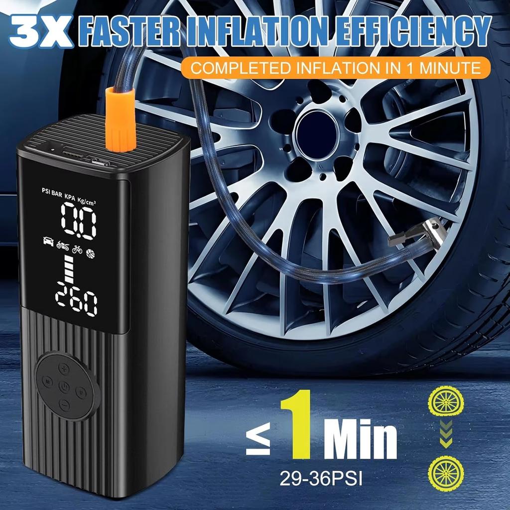 High Power Explosive Battery Car Tire Inflator 60L/min Bicycle Air Injector Portable Digital Compressor Electric Inflator with LED Light