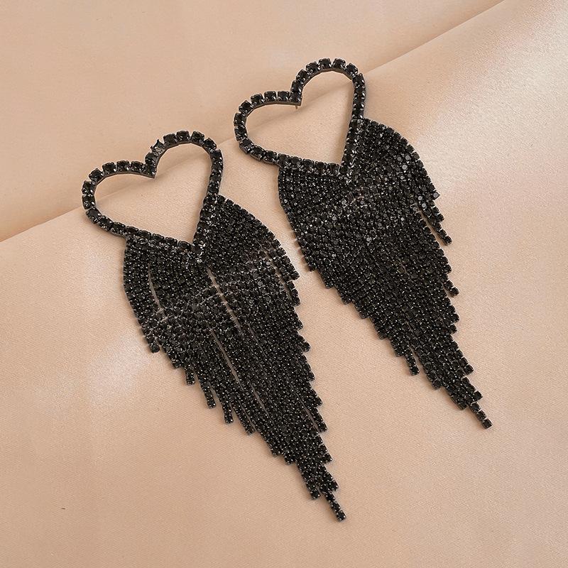 Silver needle exaggerated rhinestone love fringed long earrings European and American personalized earrings 