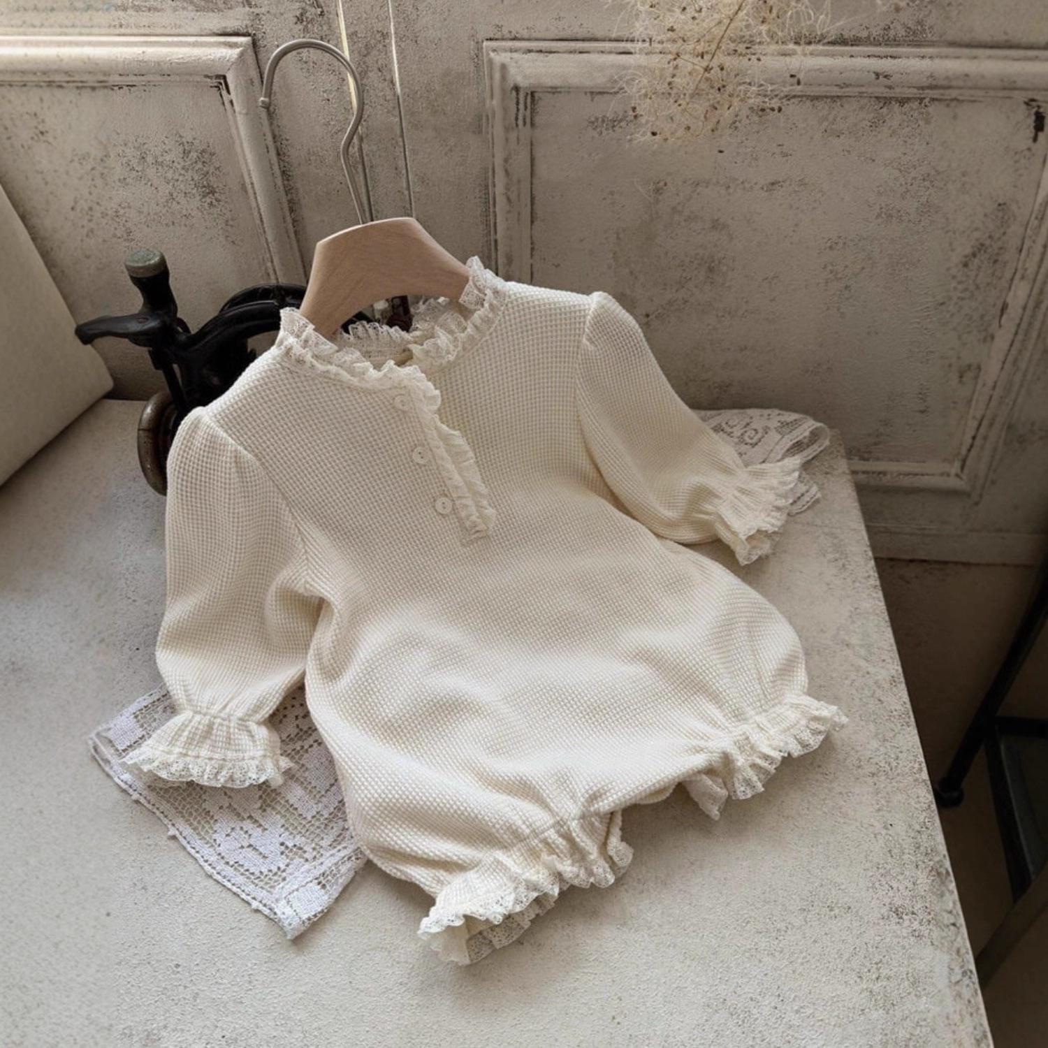 Elegant Lace Trim Collar Romper for Baby Girls - Spring/Summer Style 80cm кремовый