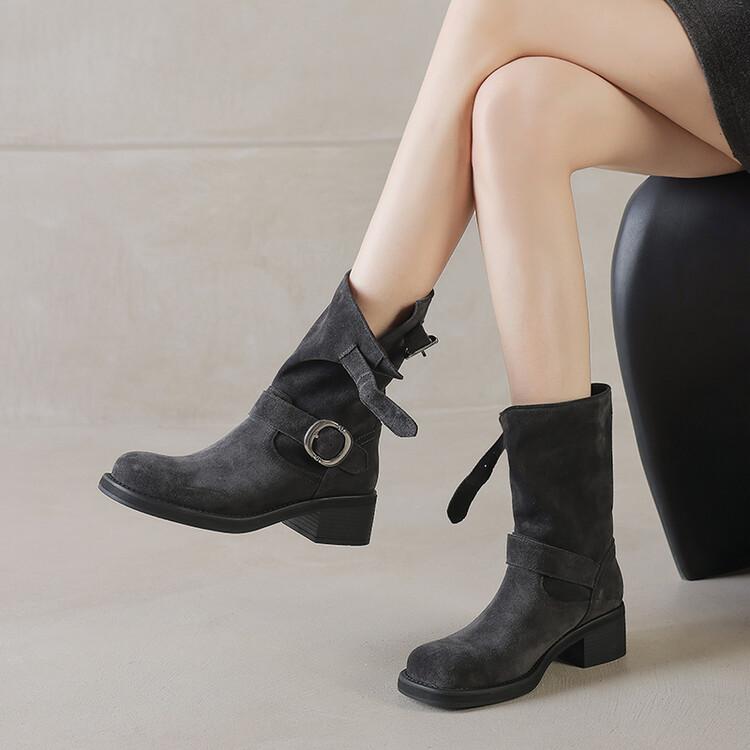 Fashion New Autumn Winter Cow Suede Women Boot Fashion Buckle Square Toe Mid-calf Boots for Women Thick Heel Work Boots Zapatos Mujer