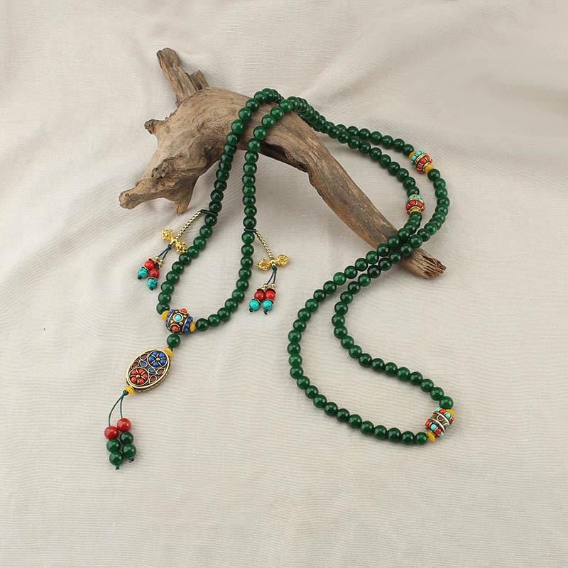 GEMCHIC Women s New Chinese Style Long Green Bead Tassel Chain Necklace Bohemian Ethnic Fashion Accessory