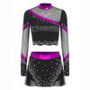 Womens Cheerleading Costume Set Long Sleeve Rhinestone Crop Top Matching Dance Skirt Performance Outfit