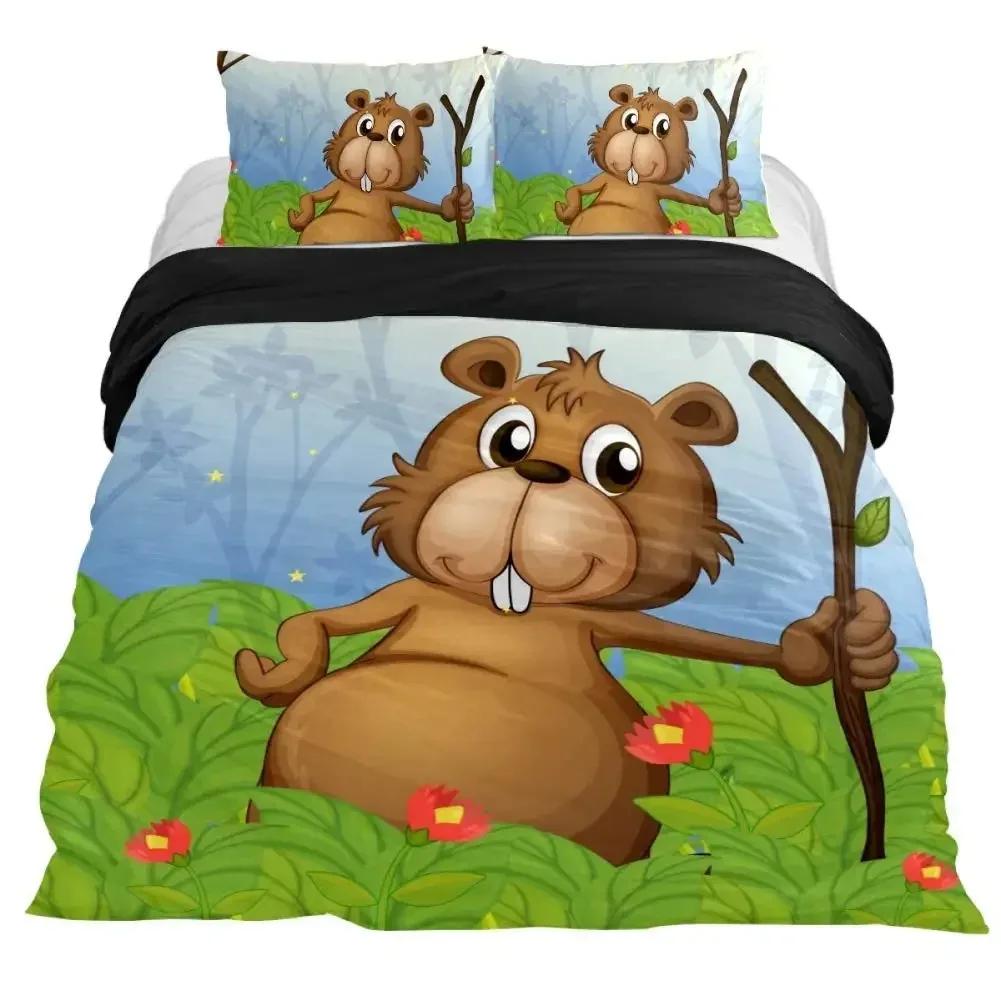 Cartoon Beaver Povlak na přikrývku King Queen Legrační krásné zvířecí souprava povlečení Dětská Dívčí Divoká příroda Polyester Povlak na polštář