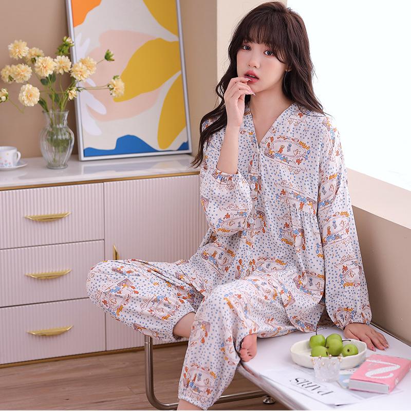 Spring and Summer Thin Pajamas Women's New Button Cardigan Rayon Long-sleeved Trousers Pajamas Set V-neck Korean Version
