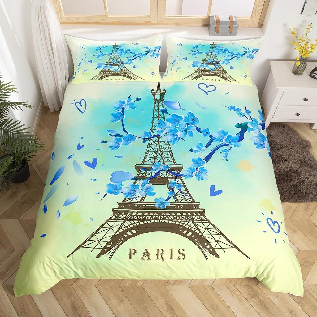 Eiffelturm Bettbezug Twin King Rustikales Bauernhaus Ahornblätter Bettdeckenbezug Mikrofaser Romantisches Thema Bettwäsche-Set 2/3-teilig