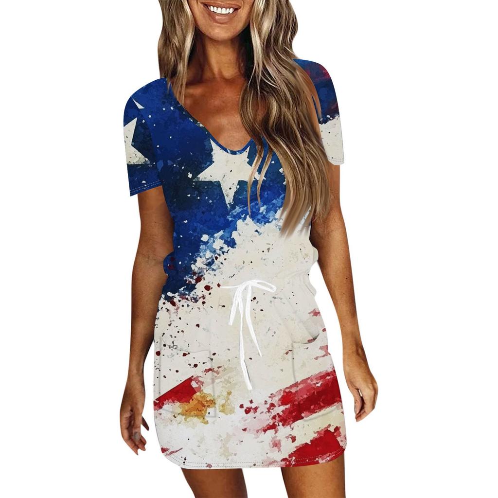 Damskie Casualowe Sukienki z Dekoltem V, Krótkim Rękawem, Sznurkiem i Nadrukiem na Dzień Niepodległości