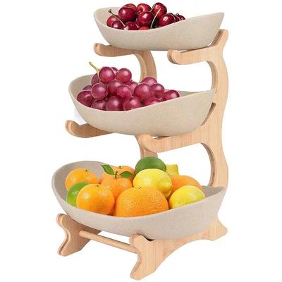 3-stöckiges Obst-Serviertablett, Trockenobstschale mit Böden, Süßigkeiten-/Kuchentablett, Snackschale, Lebensmittel-Präsentationsständer aus Holz für das Wohnzimmer zu Hause