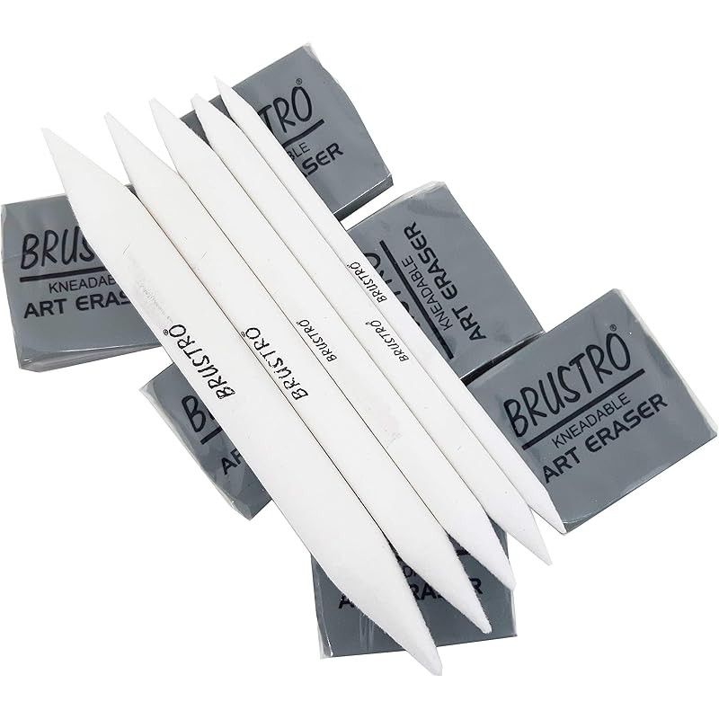 Brustro Kneadable Art Eraser - Pack Of 6 With Blending Stump Set | Ideal For Professional Art, Shading, Sketching, Clean