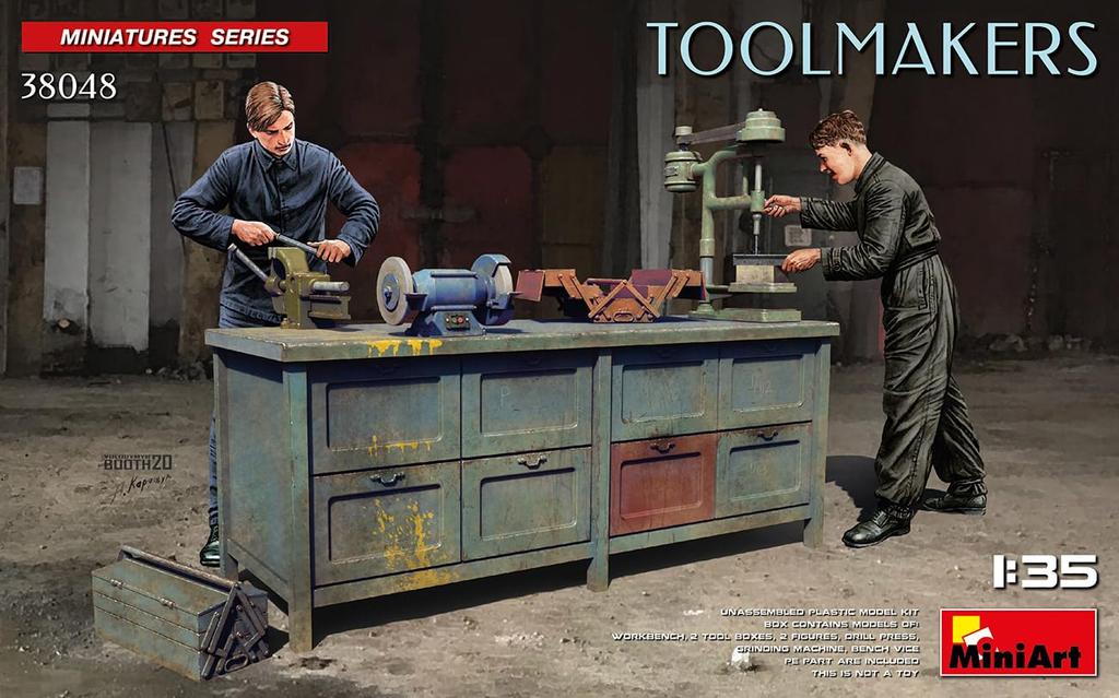 MiniArt 1/35 Scale Plastic Model Kit Set of 2 Craftsmen with Workbench 2 Toolboxes Drill Press Grinding Machine and Bench Vise MA38048