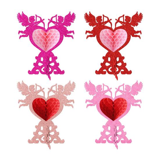 

4 шт. сотовых центральных элемента на День святого Валентина 3D блестящее сотовое украшение в форме сердца Купидона, романтическая настольная табличка для свадеб, Дня святого Валентина 4pcs