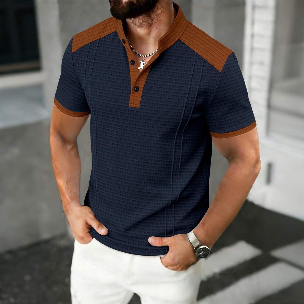 Men's Color Blocked Stand Up Collar Single Breasted Shirt Men's Casual And Comfortable Short Sleeved Shirt