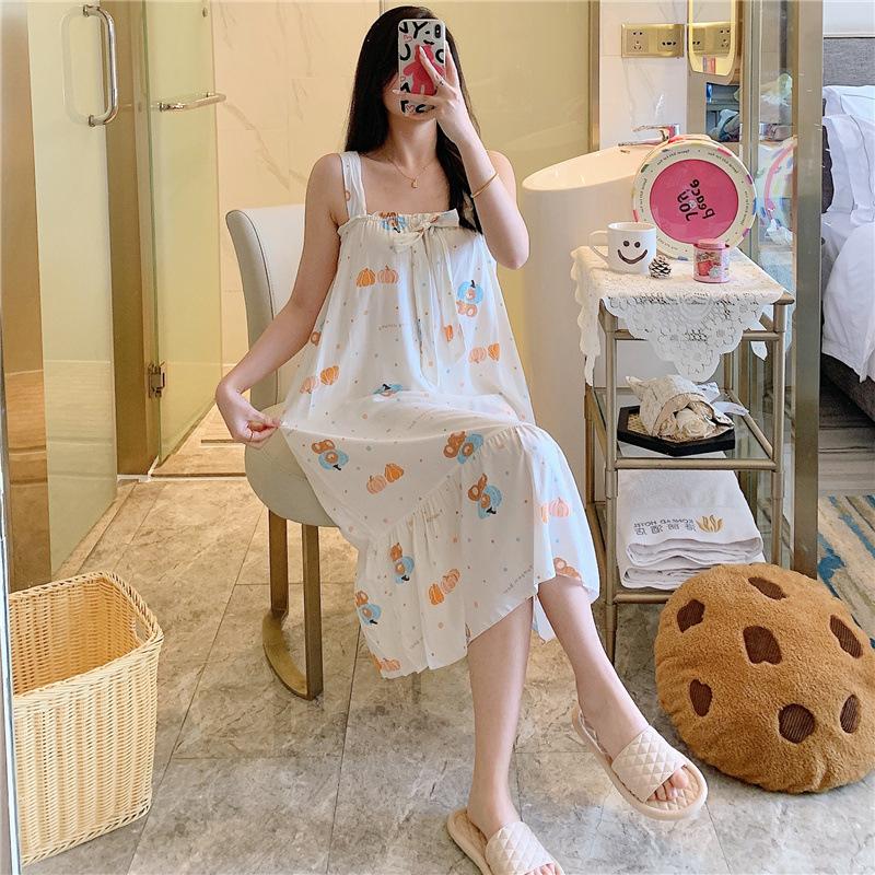 Cotton Nightdress Women'S Summer Thin Pajamasspring And Autumn Cotton Korean Cute Casual Print Dress Loungewear