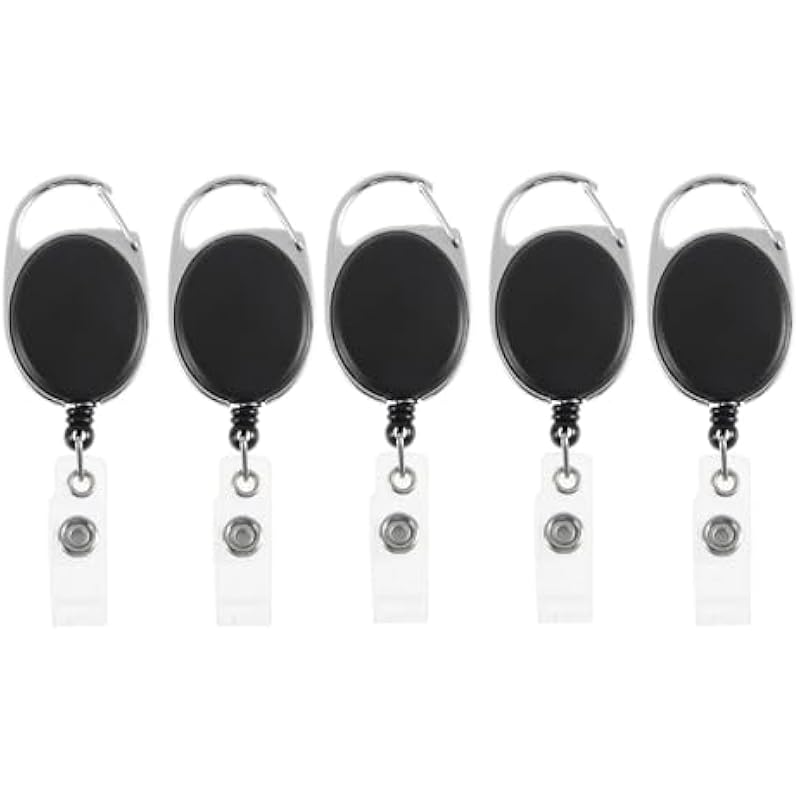 GLUN Oval Round Reel ID Card Holder, ID Badge Reel Clip On Card Holders (5 Units, Black)