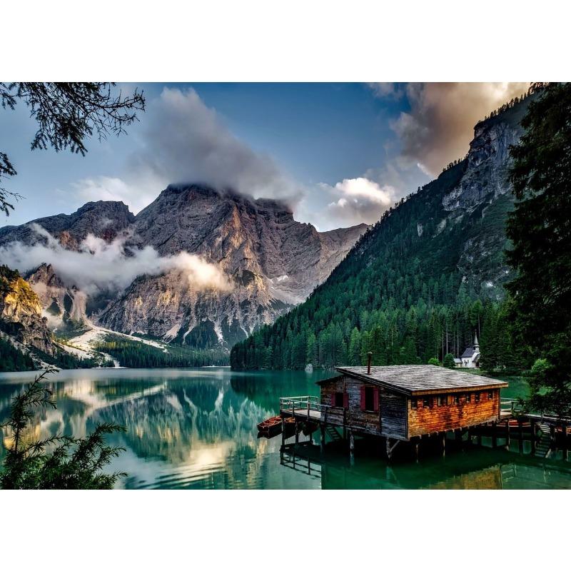 Mountains At Lake Nature Beautiful Scenery Poster Sea Boat Landscape Canvas Painting Wall Art for Living Room Home Decor