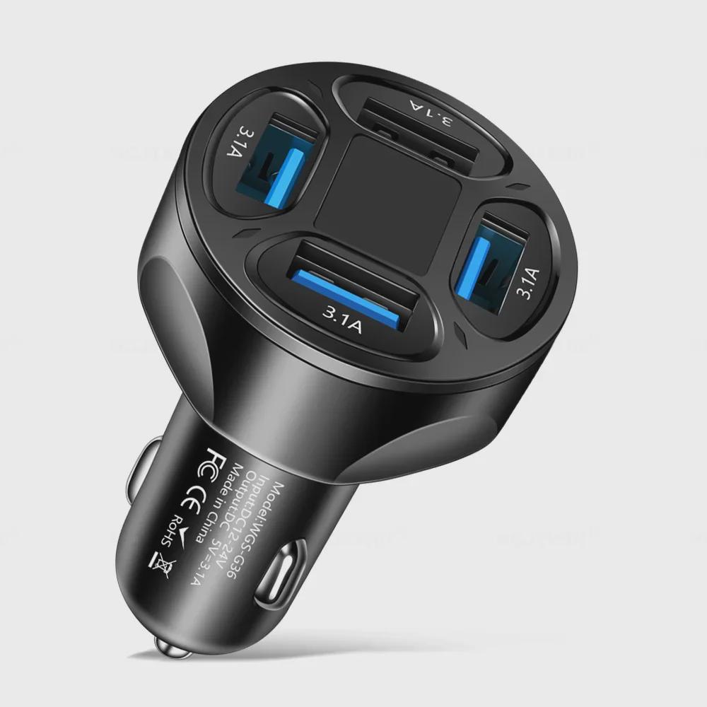 3.1A 4-Port Car Charger with Digital Display and Voltage Indicator
