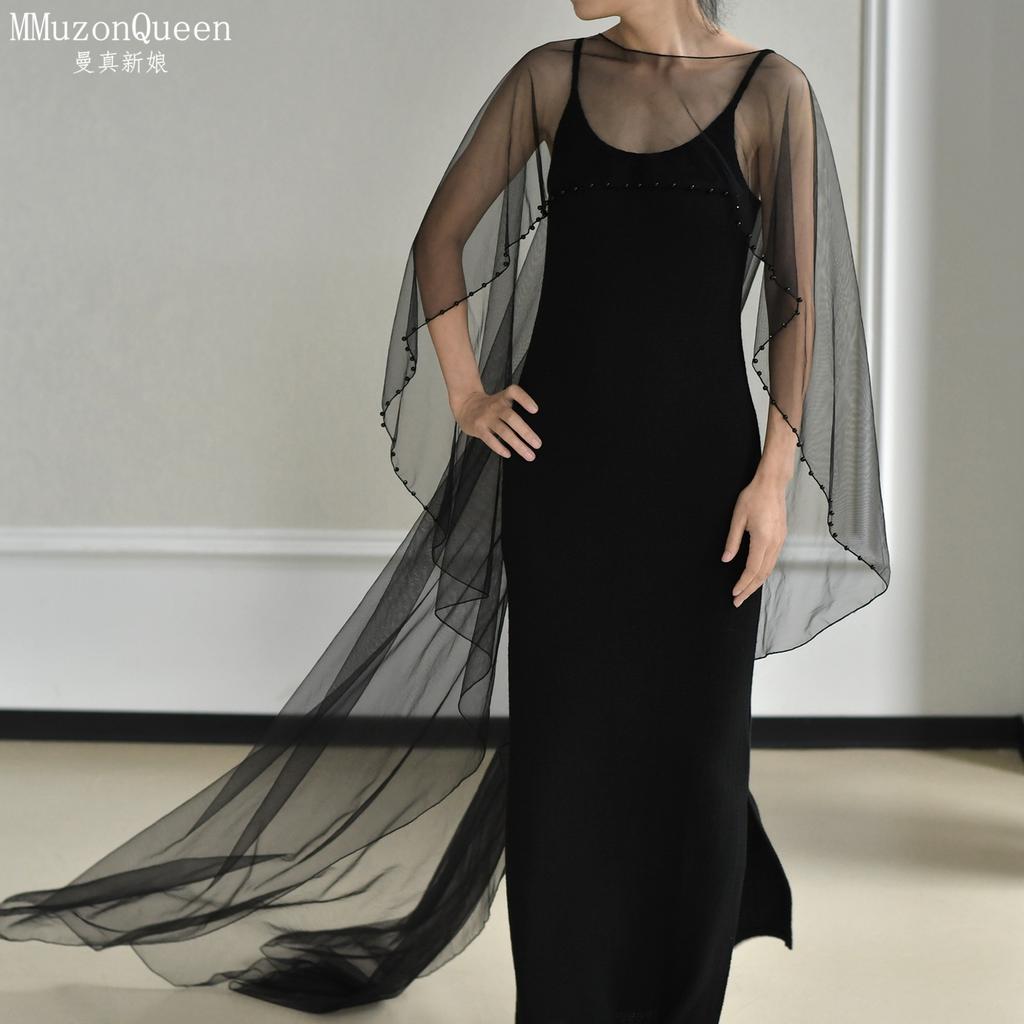 Beaded Edge Tulle Cape Train Shawl Front Short Back Long Sheer Bridal Wrap White & Black For Strapless Wedding Gown Evening Party Photoshoot