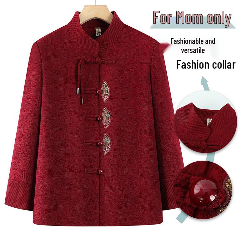 Women's Plus Velvet Thickened Tang Suit for Autumn/Winter - Warm Woolen Top for Elderly Grandmother