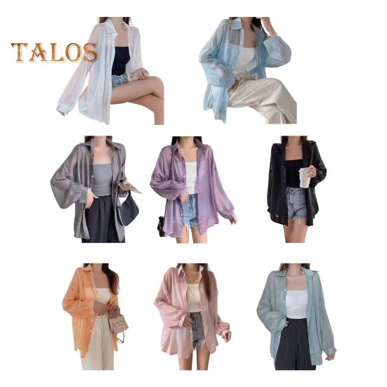 Women Shirt Lapel Long Sleeve Single Breasted Shirt Tops Solid Color Loose Fit See-through Glossy Fabric Sunscreen Thin Shirt