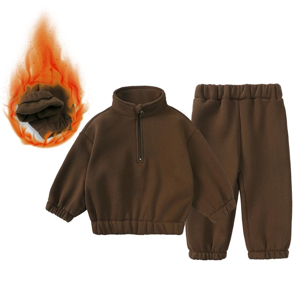 Korean version of winter clothing set for boys and girls, fashionable high neck half zipper top, leg binding pants, fleece casual set