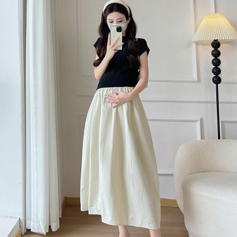 2026 Summer French Retro Color Block Patchwork One-Shoulder Maternity Dress Extra Large