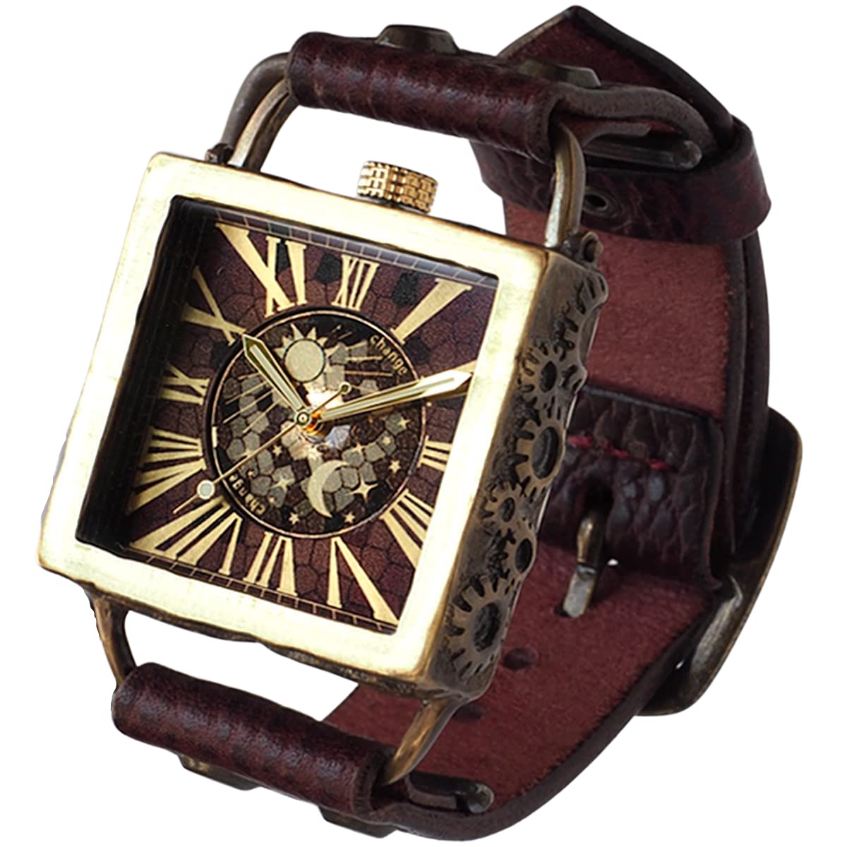 

KINO Handmade Watch Change World SUN MOON Square Wine Brown Brass & [L-17-WBR]