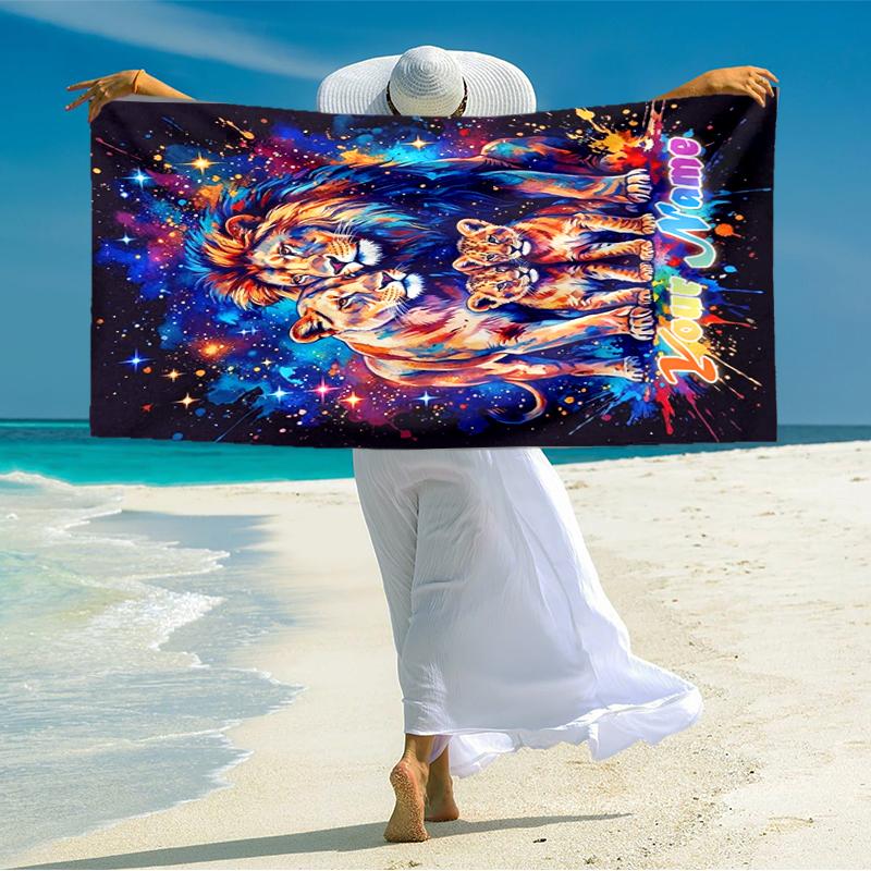 1PC Custom Name Lion Family Cosmic Art Beach Towel Highly Absorbent And Sand-Resistant Towel for Swimming, Pool, Yoga, And Travel Lightweight