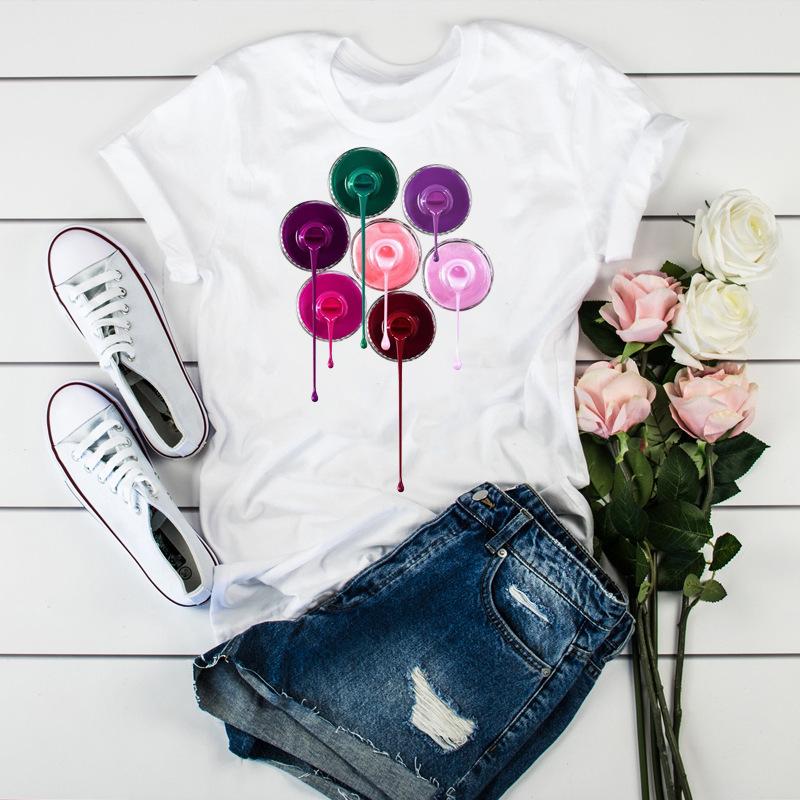Women'S Fun Nail Polish, Pattern, Print Fashion Women'S T-Shirt Casual Top Ladies