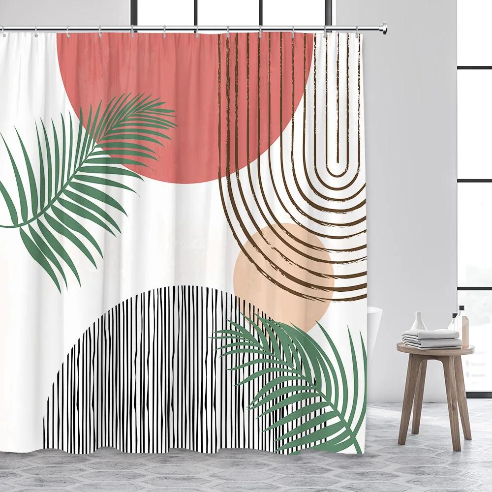 Mid Century Shower Curtains Watercolor Green Leaves Black Line Creative Geometric Modern Bathroom Curtain Polyester Decor
