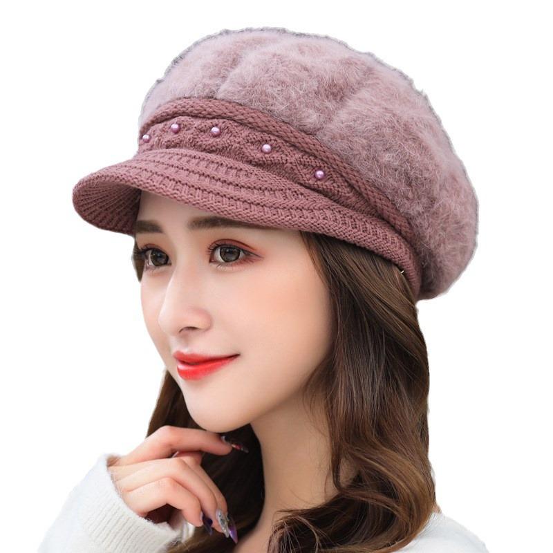 Mother's Hat Women's Autumn and Winter Fashion Versatile Velvet Thickened Ear Protection Warm Hat Rabbit Fur Knitted Wool Beret