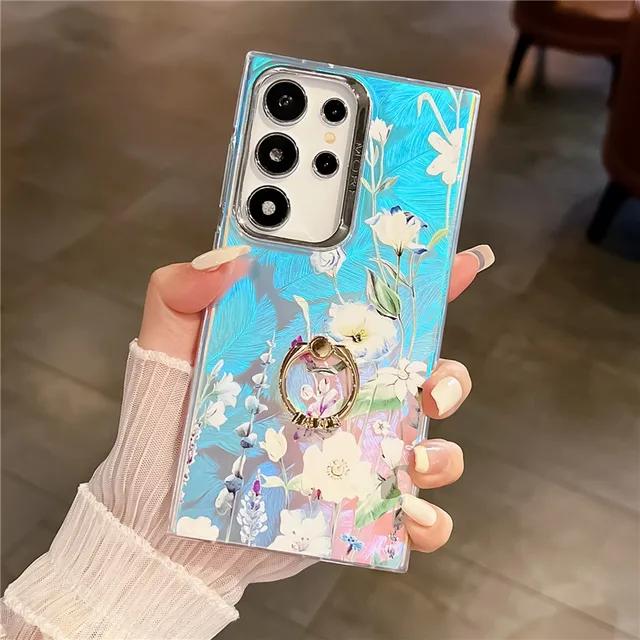 Diamond Ring Phone Holder Raser Case for Samsung A25 A54 A55 A15 A35 A14 A34 S24 Plus S22 Ultra S23 FE Flower Leaf Bling Cover